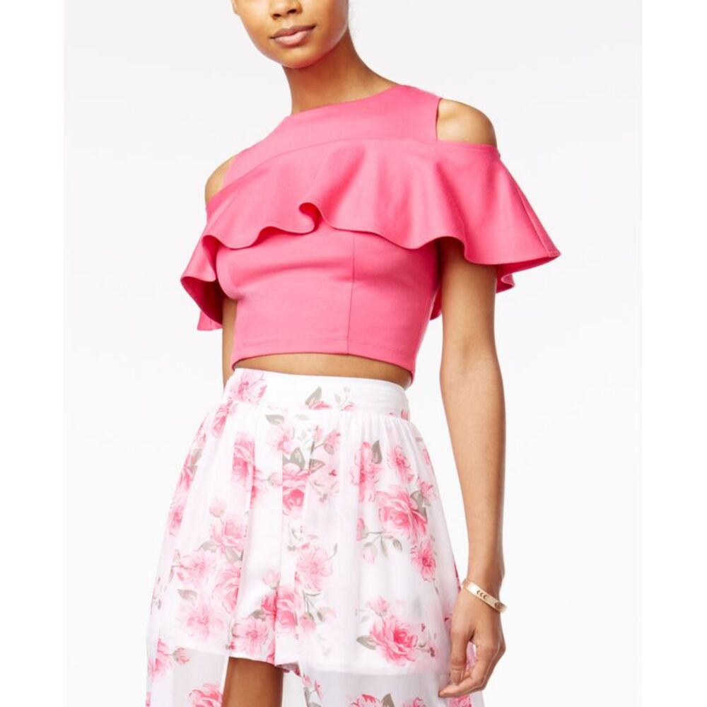 The Edit By Seventeen Juniors Ruffled Cold Shoulder Crop Top